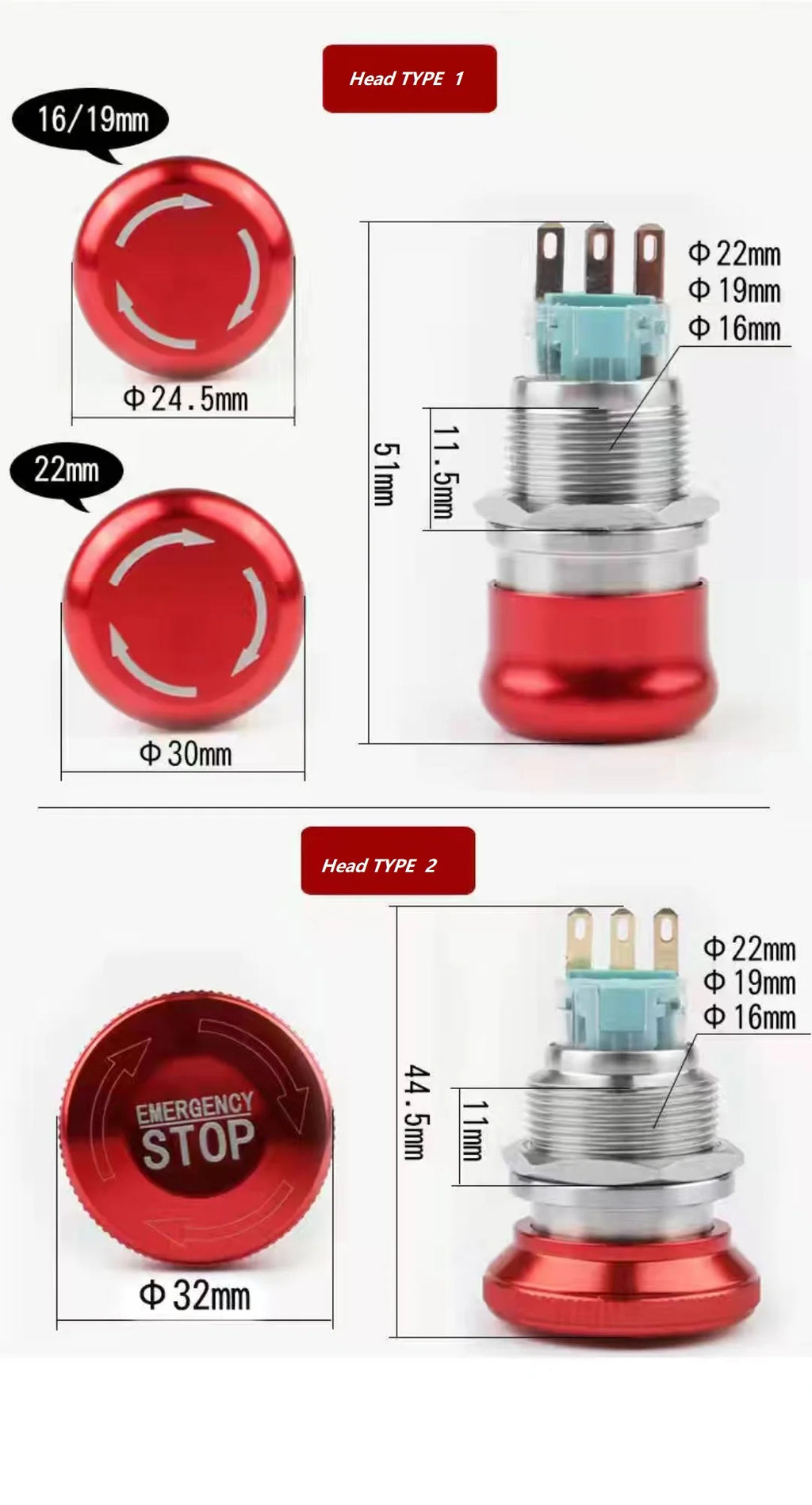 16mm/19mm/22/mm Emergency Metal Button Switch Indication STOP Machine Panel Dashboard Press Latching Button 1NO1NC/2NO2NC