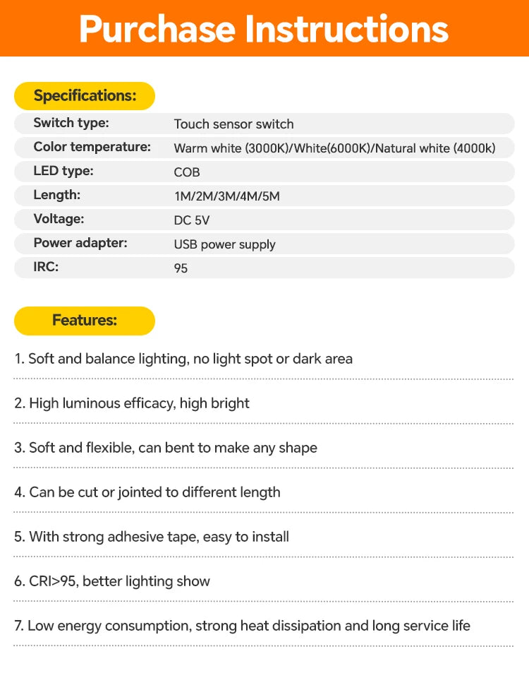 DC5V USB COB LED Strip Light 320LED/m High Density Flexible Self‑Adhesive LED Tape 3000K‑6500K For Cabinet TV Backdrop Decor