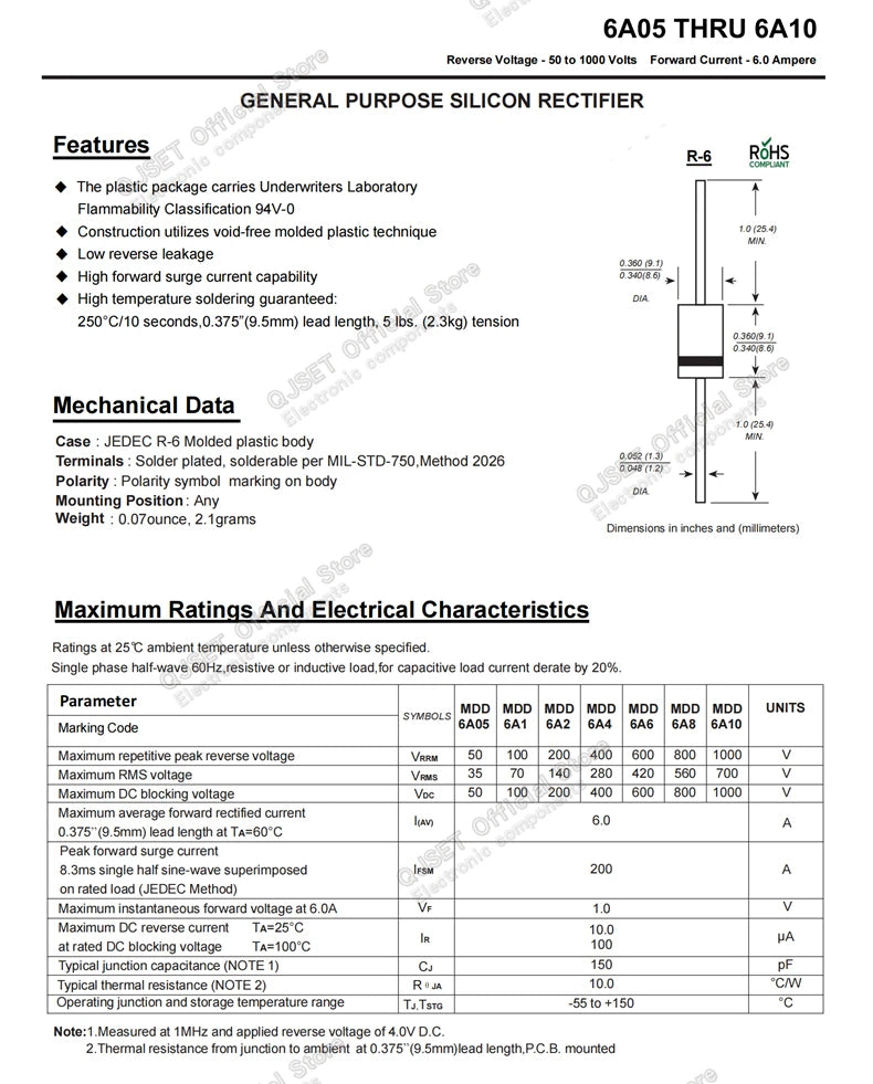 20pcs 6A10 10A10 20A10 30A10 DIP Rectifier Diodes 6A 10A 20A 30A 1000V R-6 High Voltage High Current Backflow Prevention Diode6A