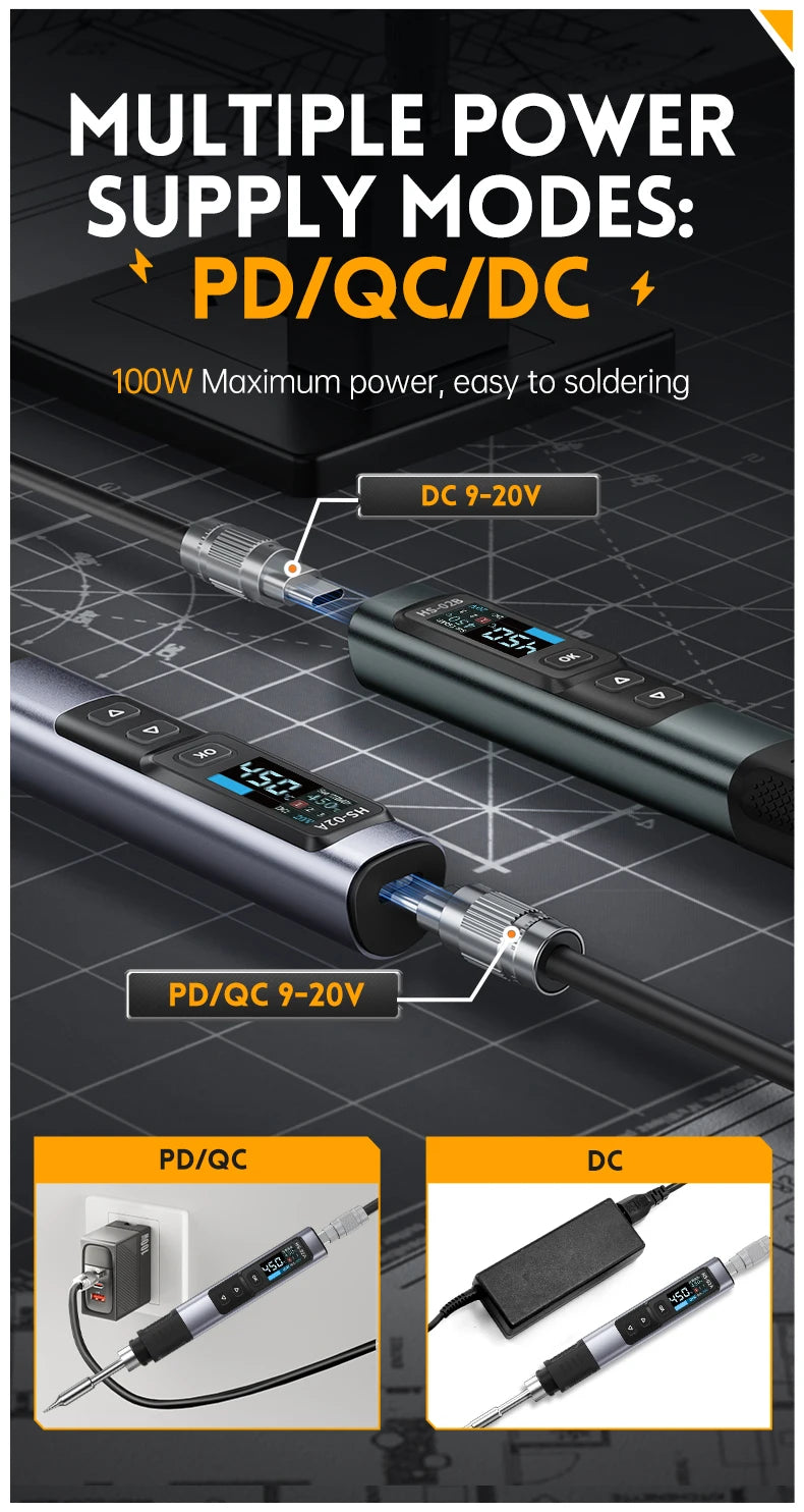 FNIRSI HS-02 Adjustable Temperature Soldering Iron DC 20V 100-450℃ Welding Solder Rework Station PD 100W Portable Repair Tool