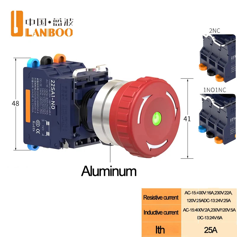 LANBOO 22MM SA1 Series Quick Plug with LED25A High Current Plastic Mushroom Button Emergency Stop Switch 1NO1NC 2NC