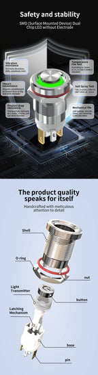 LANBOO 12E 7A High Current 4 Pin Switch Waterproof IP65 Latching or Momentary Micro Metal Push Button Switch with LED 24V220V