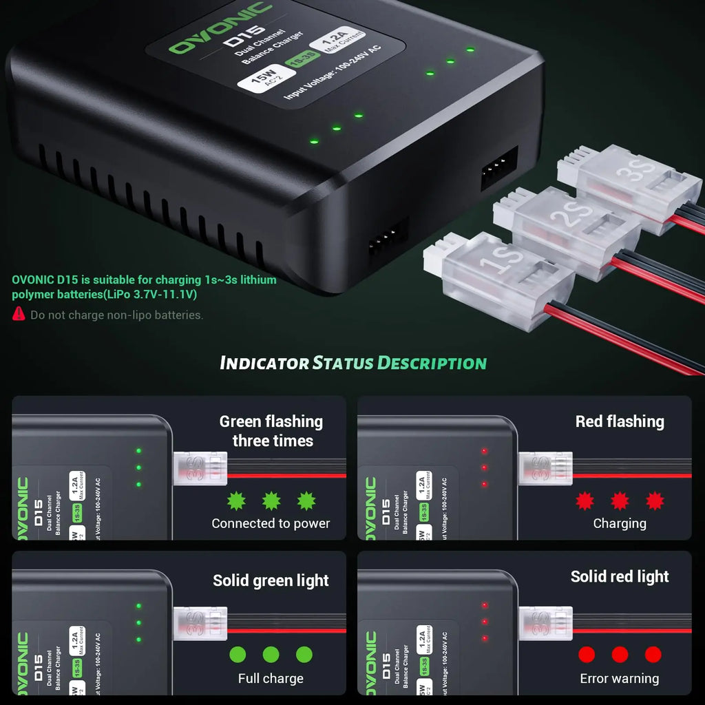 OVONIC D15 Dual LiPo Battery Charger 30W AC100-240V Balance Charger for 1S-3S LiPo Batteries High Power Fast Charging