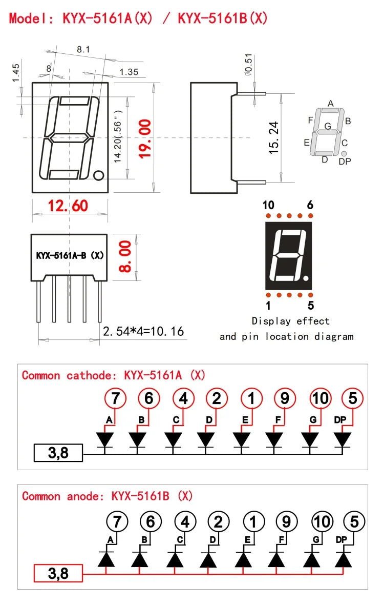 10PCS 0.56-inch 1-digit digital tube 12.6mmX19mm digital display screen "8" high 14.2mm 7-segment digital tube 5161series5611
