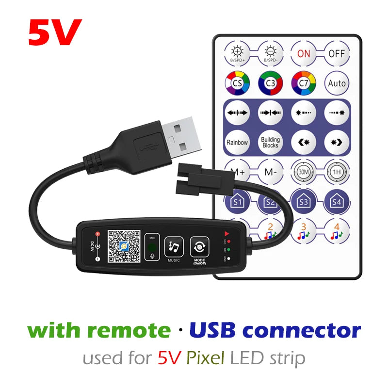 WS2811 WS2812B Bluetooth LED Pixels Strip Controller for Dream Color Tape Lights BT APP Music Control 28Keys Remote Controller