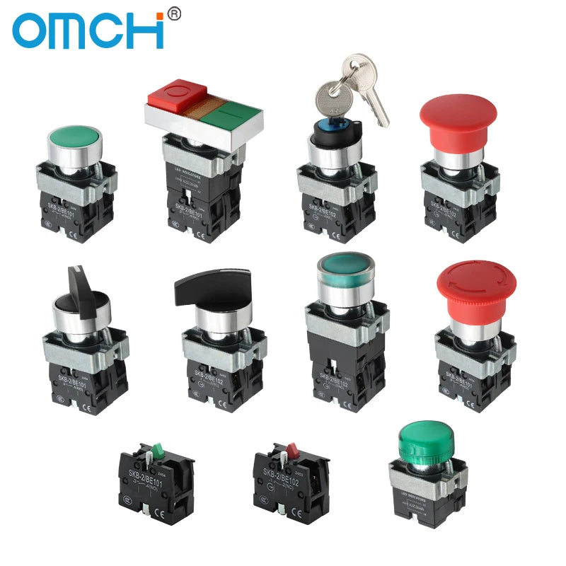 OMCH Button Switch Self Reset SKB2 Small Mushroom Head Emergency Stop 22mm Knob Key Start Inching Power On
