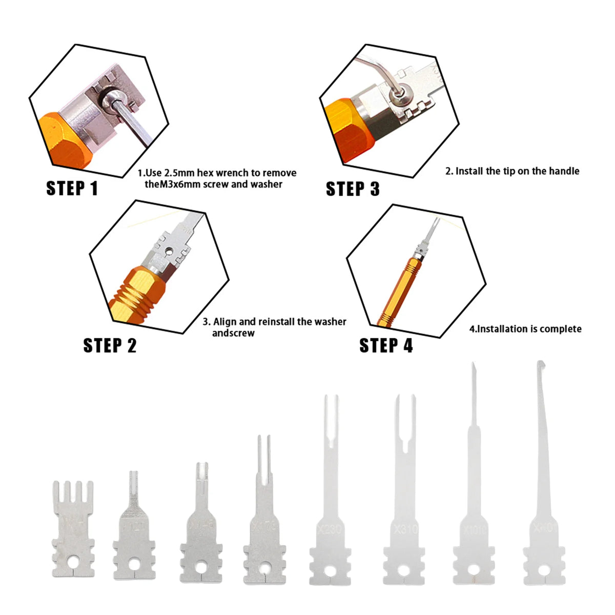 Double headed detachable terminal pin extraction tool suitable for AMP Metri Pack  Molex connectors, and General Motors repair