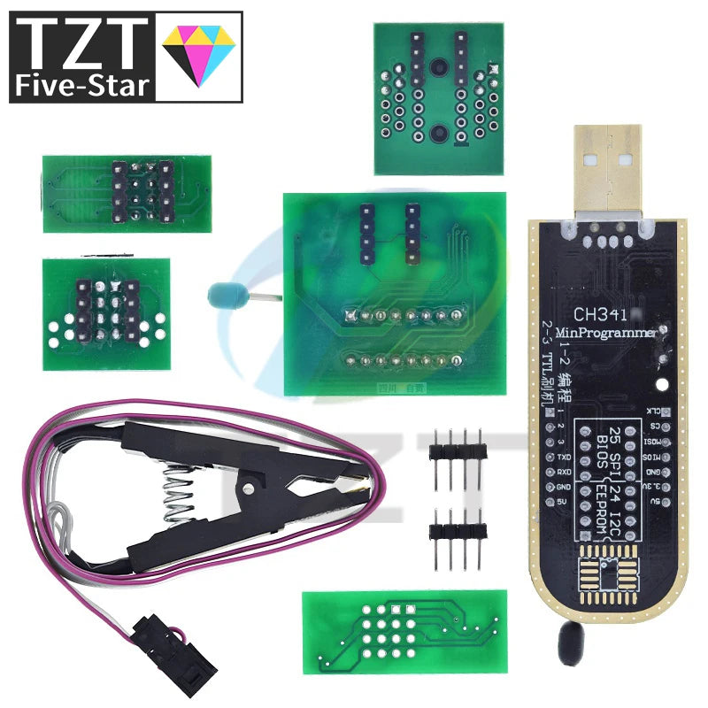 CH341A CH341B 24 25 Series EEPROM Flash BIOS USB Programmer Module + SOIC8 SOP8 Test clip + 1.8V adapter + SOIC8 Adapter DIY KIT