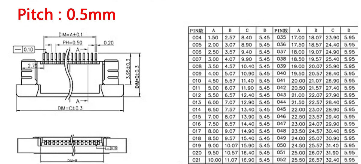 0.5mm 1.0mm FPC FFC Connector Flat Cable PCB SMT ZIF 4 5 6 7 8 10 12 16 18 20 26 28 30 32 36 40 50 54 60P Upper Contact Type