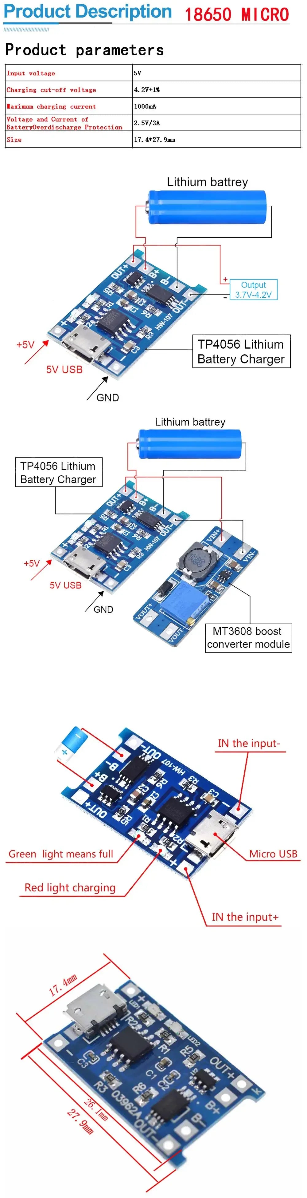 10pcs 5V 1A 18650 Lithium Battery Charging Board PLR TP4056 Lithium Charging Mini/Micro USB Type C Charge Module With Protect