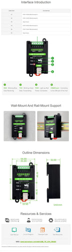 Waveshare USB TO 2CH RS485 Industrial Grade Isolated Converter, USB To RS485 Adapter,Wall-mount and Rail-Mount Support