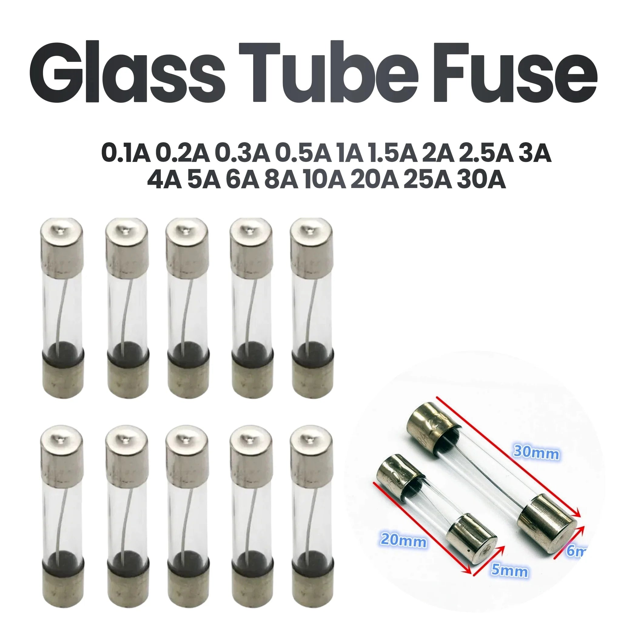 5*20 6*30 Glass Fuse Fast Fuse 250V 0.1A 0.2A 0.5A 1A 2A 3A 3.15A 4A 5A 6A 7A 8A 10A 12A 15A 20A 30A Quick Blow 5x20mm 6x30mm
