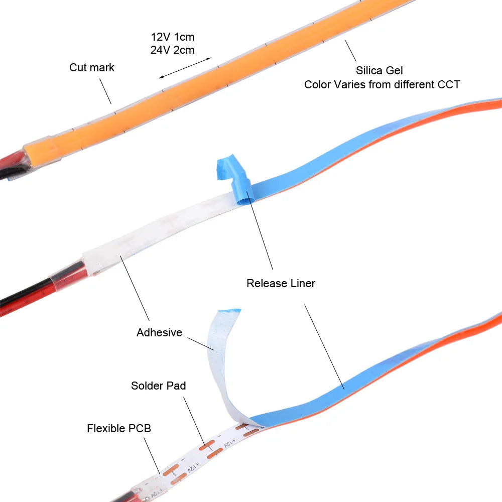 3mm/5mm Thin Color COB LED Strip Light DC 12V 24V Flexible LED Tape for DIY Lamp 3000K Red Ice Blue Pink Orange Amber Dimmable