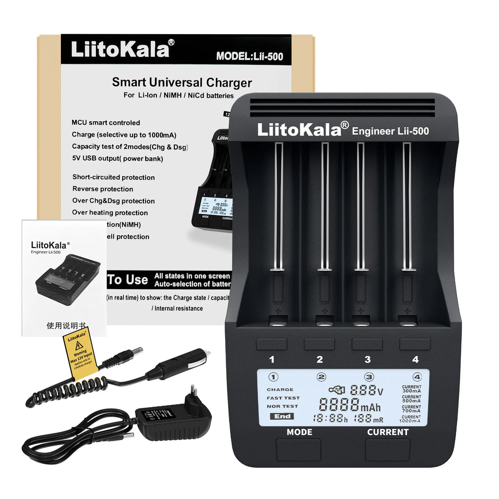 LiitoKala Lii-500 Battery Charger 4 Slot LCD Tester for 18650 26650 AA AAA Flashlight Vape Li-ion NiMH Rechargeable Cells
