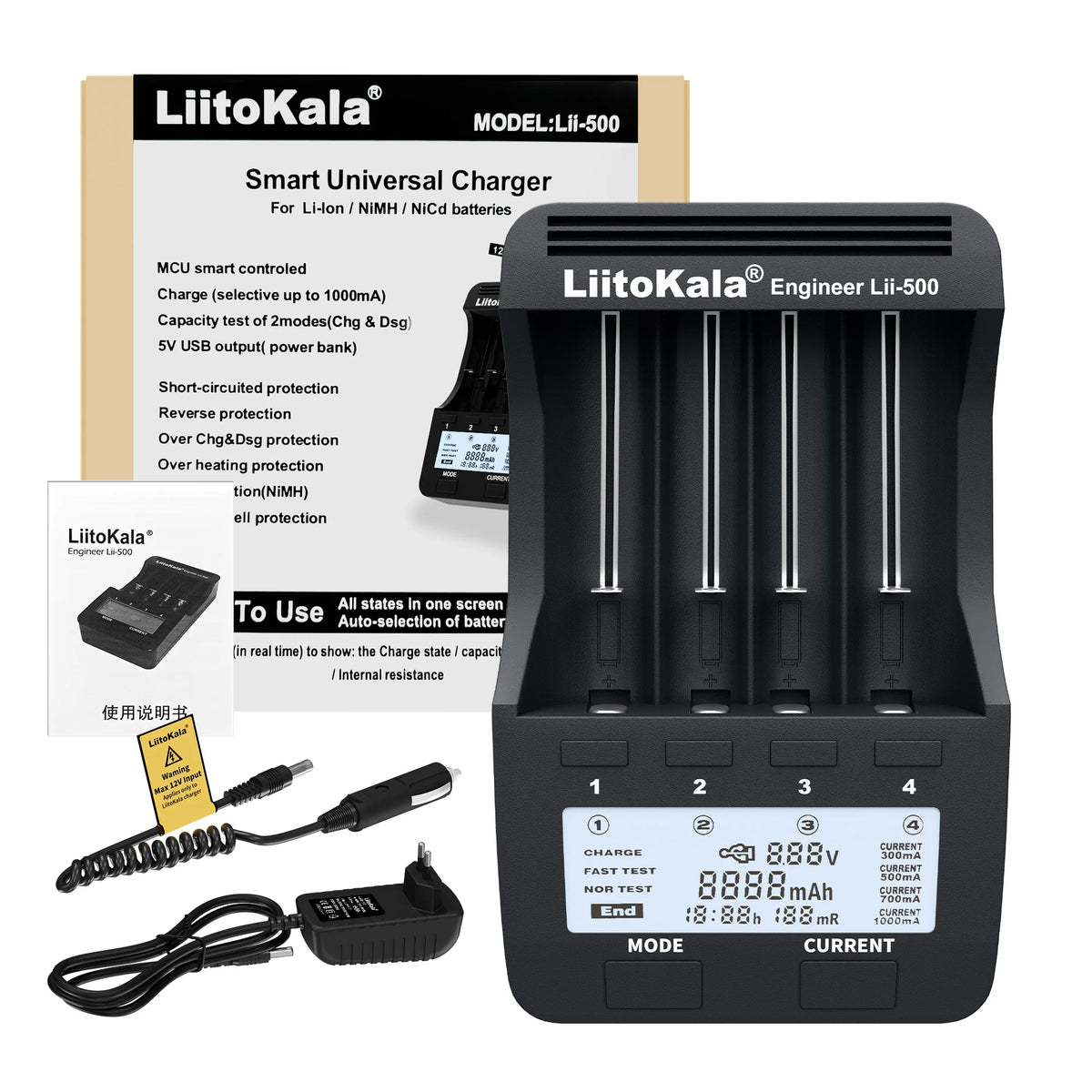 LiitoKala Lii-500 Battery Charger 4 Slot LCD Tester for 18650 26650 AA AAA Flashlight Vape Li-ion NiMH Rechargeable Cells