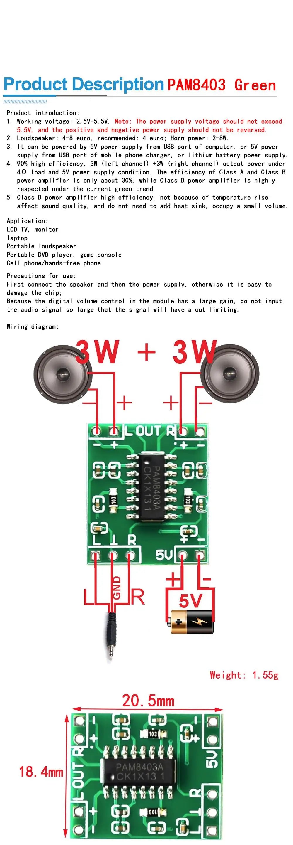 Bluetooth 5.0 PAM8403 MINI Digital Amplifier Board 2 * 3W Class D Digital DC 2.5V To 5V Power Speaker Module With Potentionmeter