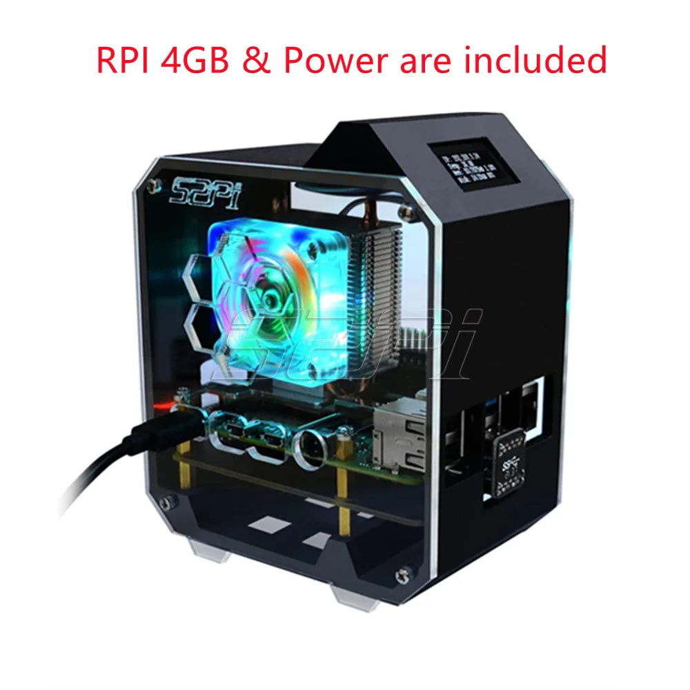 52Pi Raspberry Pi 4 Model B ABS Mini Tower NAS Kit with Ice Tower 0.96 Screen Dispaly Power Adaptor