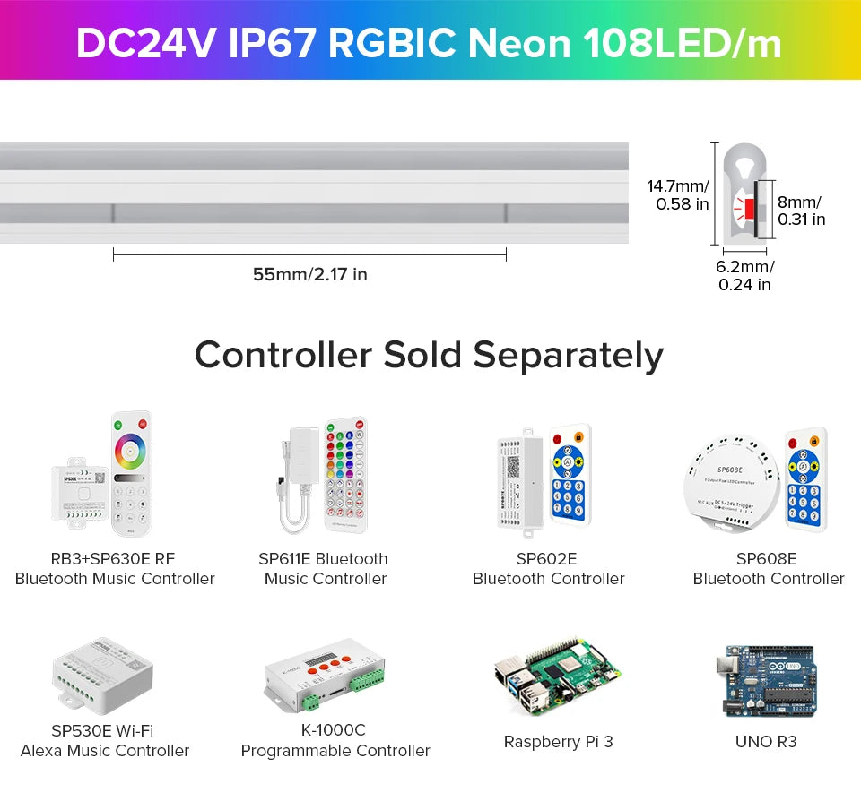 WS2811 RGBIC Neon Light Strip Addressable Neon Sign Silicone External 1 IC Control 6 LEDs Bright Tape 108 LEDs/M 24V IP67 3m 5m