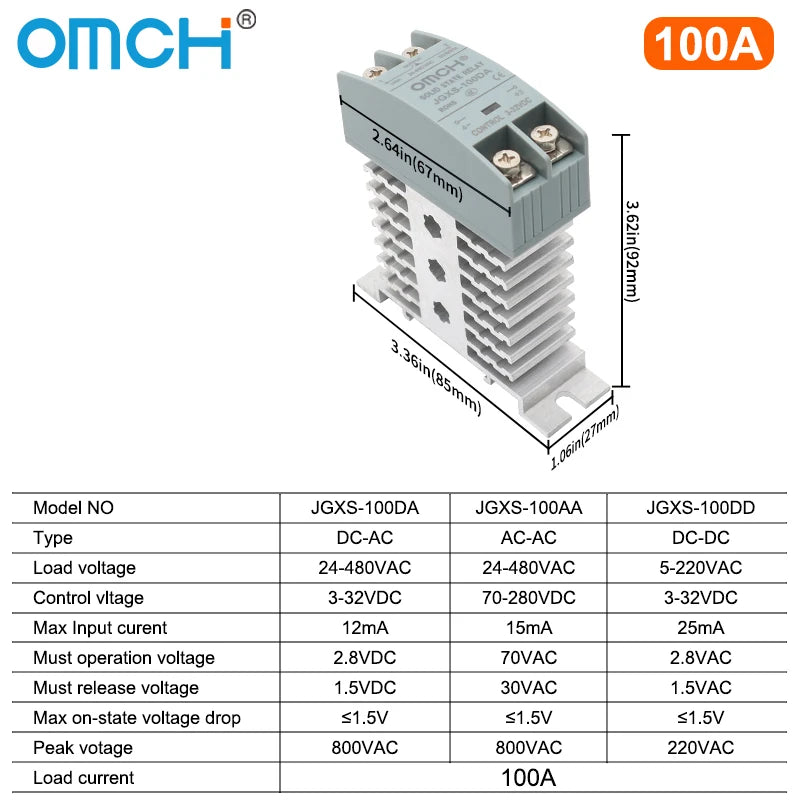 OMCH DIN Rail Solid State Relay SSR With Heatsink 10A 25A 40A 60A 80A 100A 120A DC-AC DC-DC AC-AC Single Phase Control