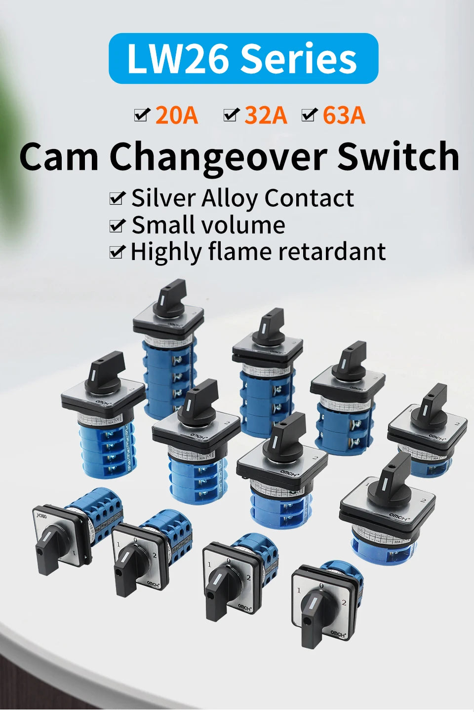 OMCH 1PCS Silver Contact LW26-20/32/63 Universal Switch 3 Position 1-0-2 1/2/3/4 Poles 440V 4/8/12/16Terminals Rotary Cam Switch