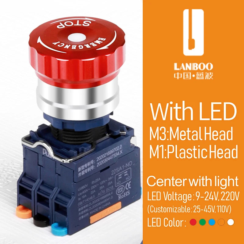 LANBOO 22mm Emergency Stop Button Waterproof Quick Plug Big Head Red Metal with LED Indicator Light 2NC E-Stop Switch for Indust