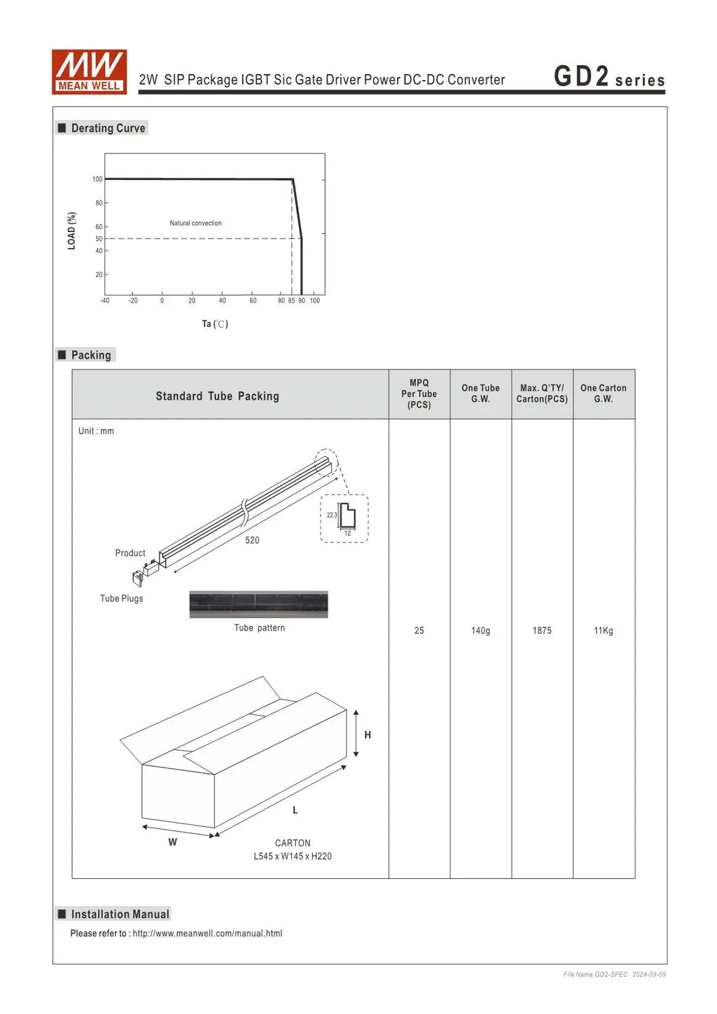 GD2 2W MEAN WELL SIP Package IGBT Sic Gate Driver Power DC-DC Converter GD2-12 GD2-15 GD2-24 19mA 35mA 43mA