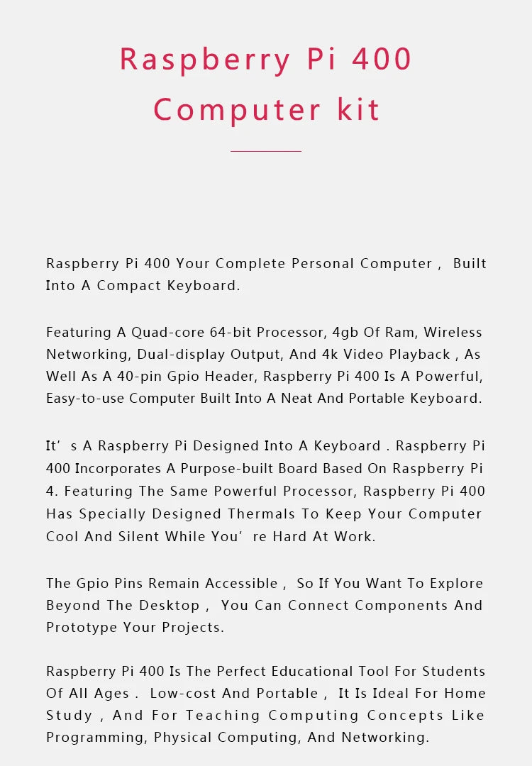 Raspberry Pi 400 Personal Computer or Kit,Quad-core 64-bit Processor 4GB of RAM ,WiFi Dual-display Output For 4K