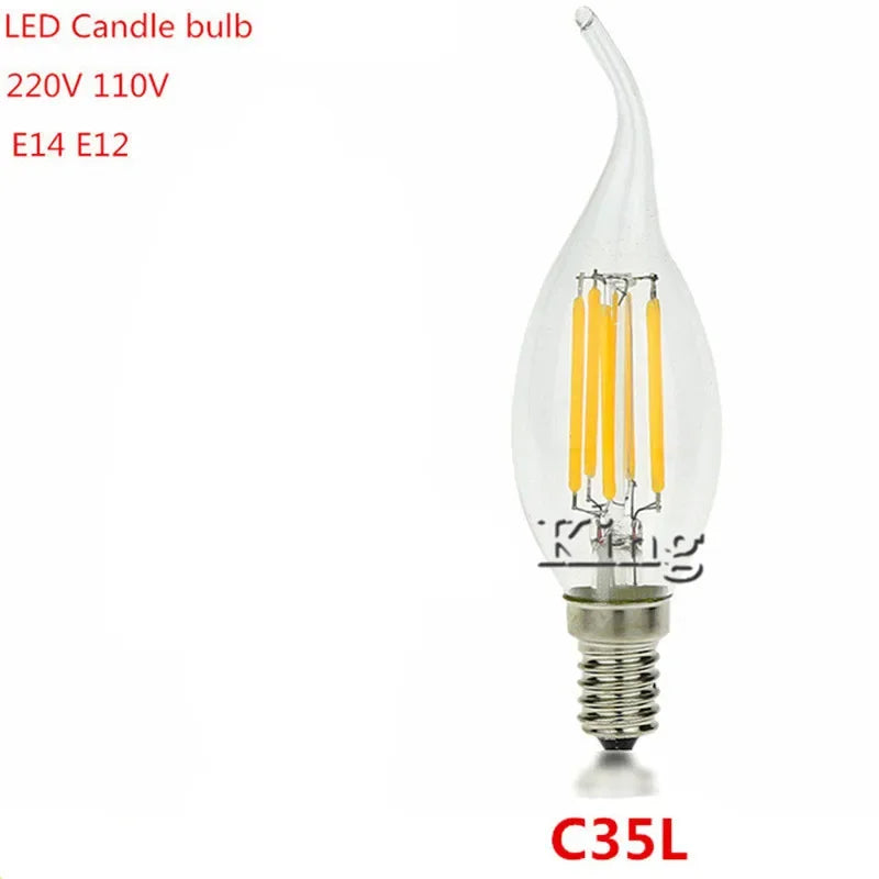 E14 LED Filament C35 Lamp C35L Dimmable Glass Candle Bulb 220V 4W 8W 12W Replace 20W 40W 60W Halogen Light Chandeliers