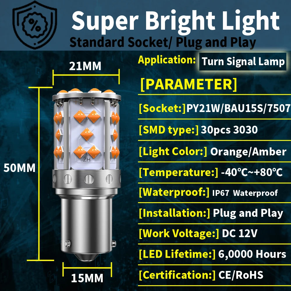 2pcs LED P21W 1156 BA15S PY21W BAU15S 3030 35SMD Bulb Canbus Free T20 7440 W21W Lamp For Car Turn Signal Light Backlight Orange