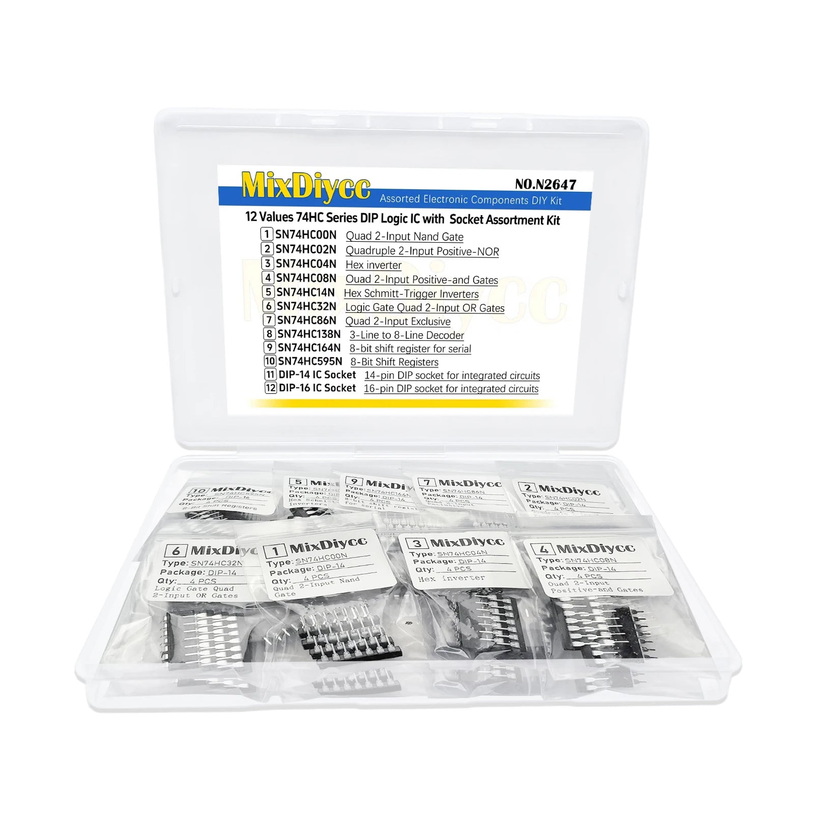 12 Values DIP kit SN74HC00N SN74HC04N SN74HC08N SN74HC14N SN74HC32N SN74HC86N SN74HC138N SN74HC164N SN74HC595N IC Socket 60 Pcs