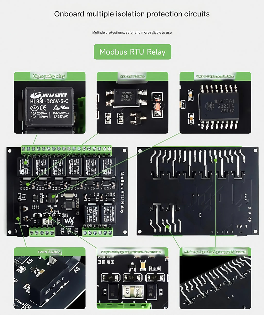 Waveshare Industrial Modbus RTU Relay Module with 8/16/32-channel RS485 interface and isolation