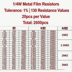2600pcs Assorted Metal Film Resistors 130 Values 1/4W 0.25W 1% Fixed Resistor Kit for Electronics DIY Projects