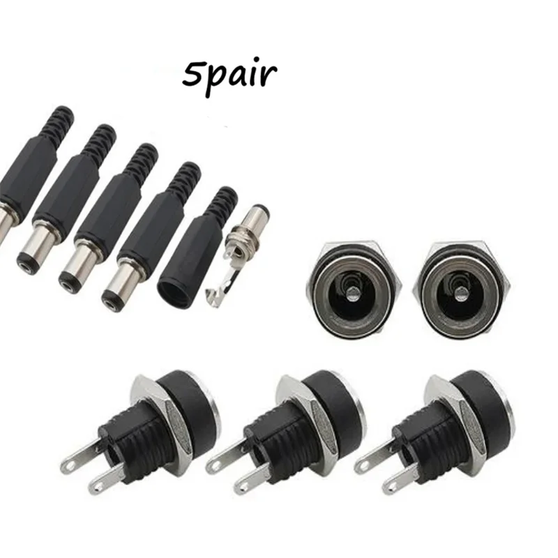 5 Pair DC 12V Male Female Socket Panel Mount Barrels Jack Plug Power Connector Female Jack Screw Nut Panel Mount Connector