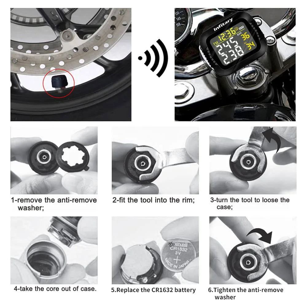 Infitary Motorcycle TPMS Tire Pressure Monitoring System Big Wireless LCD Colorful Display Shift For Status Precise Digital Moto