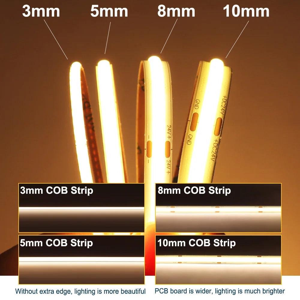 FOB COB LED Strip 12V 24V DC RA90 Flexible High Bright Tape LED 3mm 5mm 8mm 10mm Light Bar Ice Blue White Red Green Pink Yellow