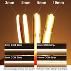 FOB COB LED Strip 12V 24V DC RA90 Flexible High Bright Tape LED 3mm 5mm 8mm 10mm Light Bar Ice Blue White Red Green Pink Yellow