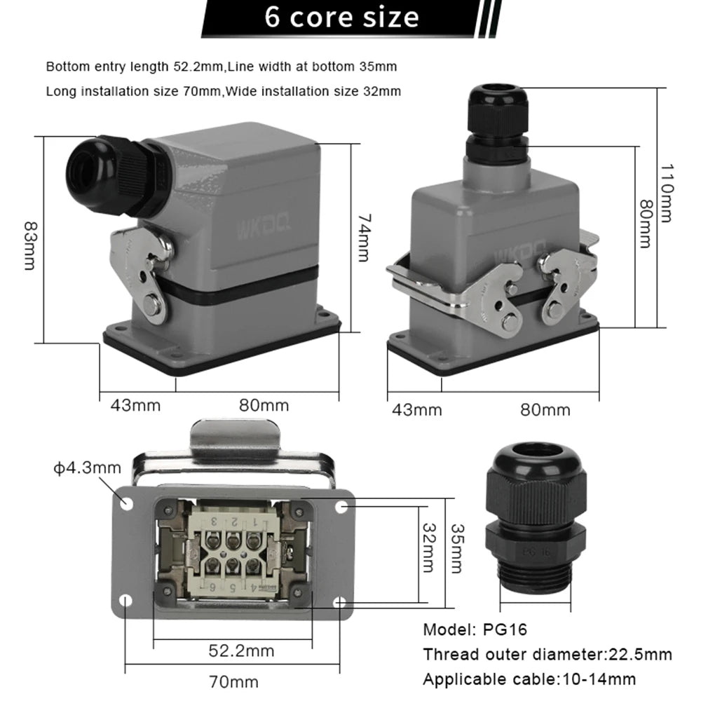 HDC HE Heavy Duty Connector 6/10/16/24/32/48 Core Pin Top/Side Outlet Aviation Plug Rectangular Waterproof Electrical Wiring