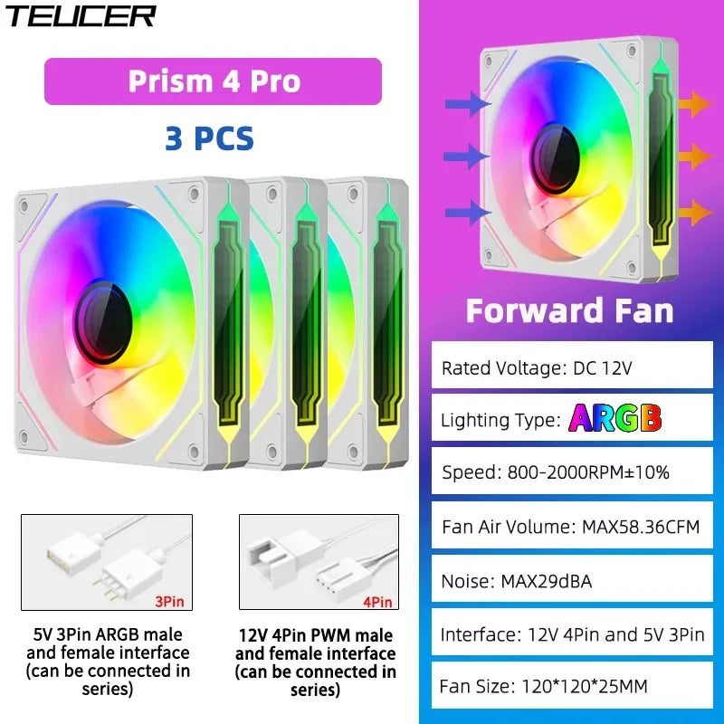 TEUCER Prism4 Forward/Reverse Fans 120MM 5V 3PIN ARGB 12V 4PIN PWM  2000RPM Hydraulic Bearing Design Stable&Quiet For Gamer