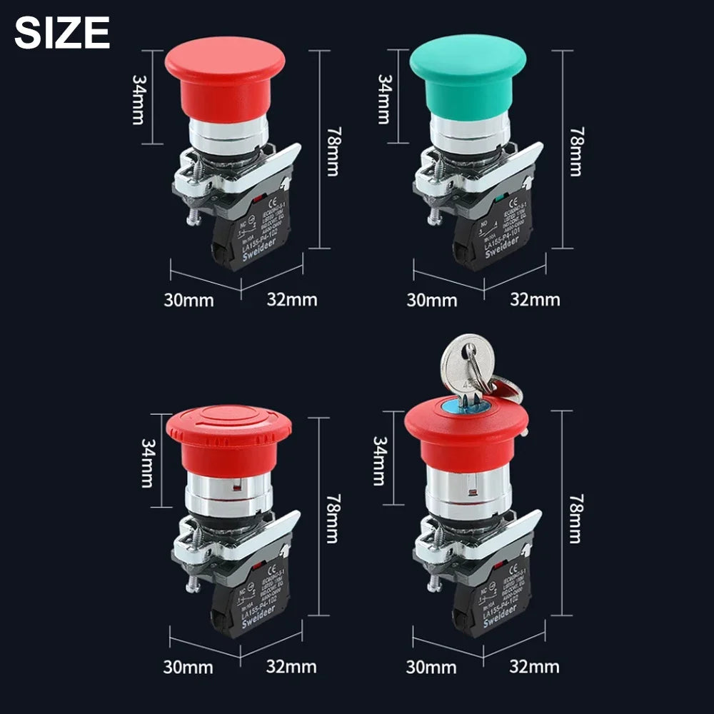 22mm Mushroom Emergency Stop Button Switch 10A XB4 Key Emergency Stop Power Push Button Switch 1NC 1NO Start Switch Red Green