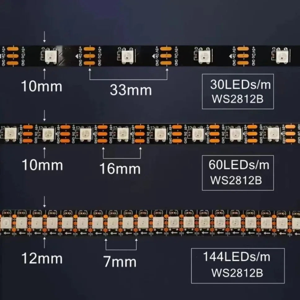 WS2812B 5050 RGBIC Smart LED Strip WS2812 Individually Addressable IC 30/60/144Pixels/Leds/m Light DC5V Black White IP30/65/67