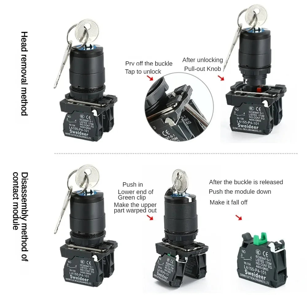 XB4 Key Select Knob Switch 22mm 2/3 Position Self Locking Momentary Self Reset Key Emergency Stop Power Push Button Switch 10A