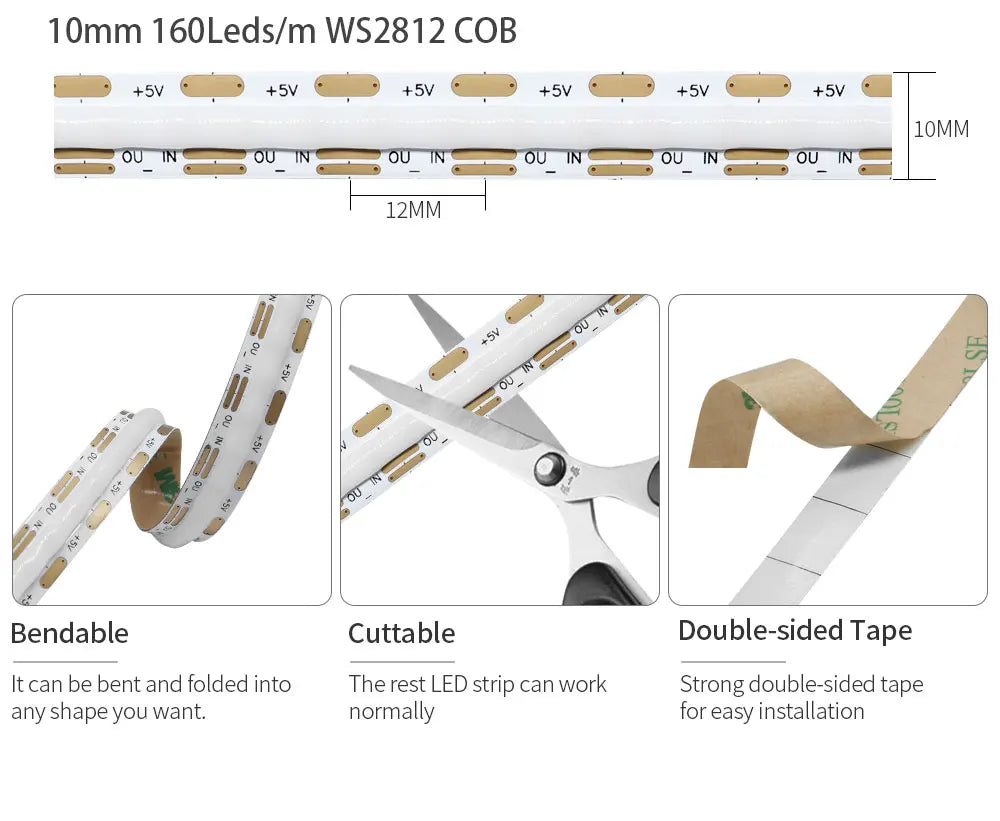 WS2812B RGBIC Individually Addressable COB LED Strip WS2812 High Density 60/100/160Leds/m 5mm/10mm COB Led Light DC5V