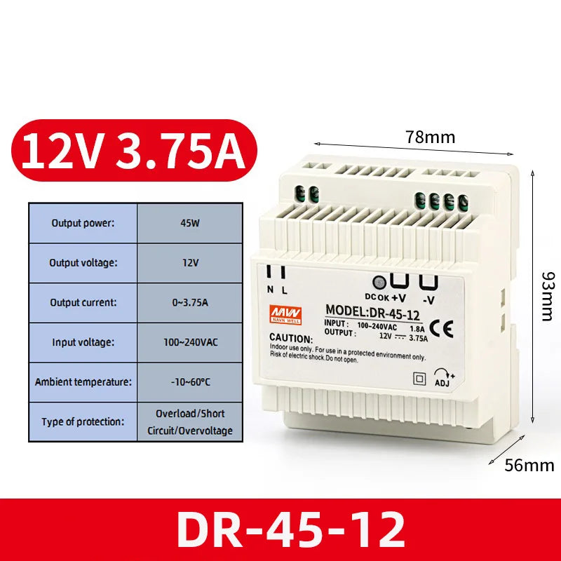 DR-60W Output 5V 12V 15V24V DIN Rail Switching Power Supply 24V DC 220V to 12V Transformer 5V Module Power Supply Box