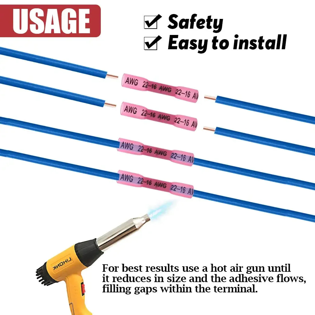 500PCS 22-16 AWG Heat Shrink Crimp Terminals Waterproof Fully Insulated Seal Butt Electrical Wire Connectors Kit Assortment Red
