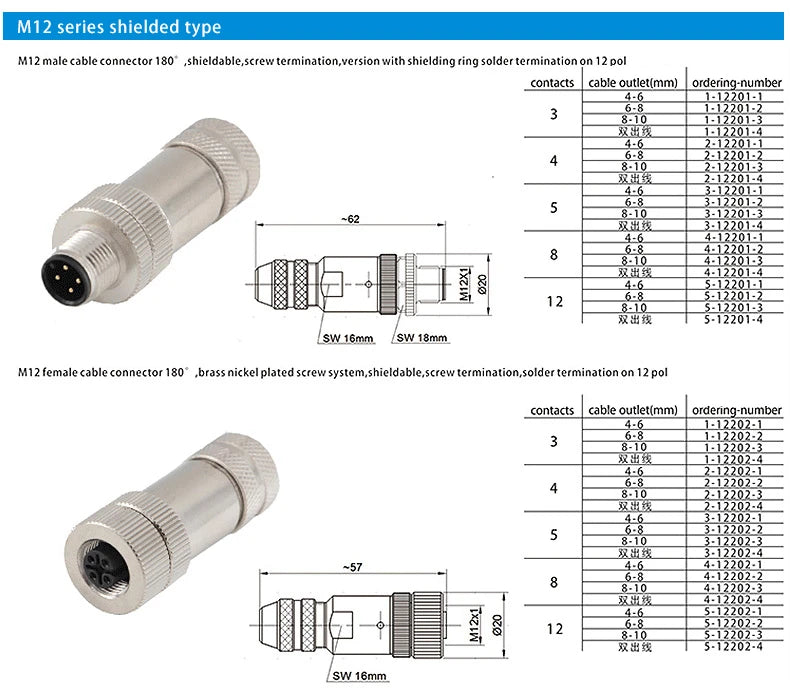 5/10/20 Pcs M12 4/5/6/8/12/17 Pin Shielded Sensor Connector Male Female Metal Assembly Aviation Plug