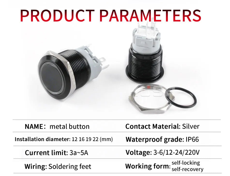 16/19/22mm Waterproof Metal Push Button Switch with socket LED Ring/Power Light Momentary Latching   5/12/24/220V black 1NO1NC