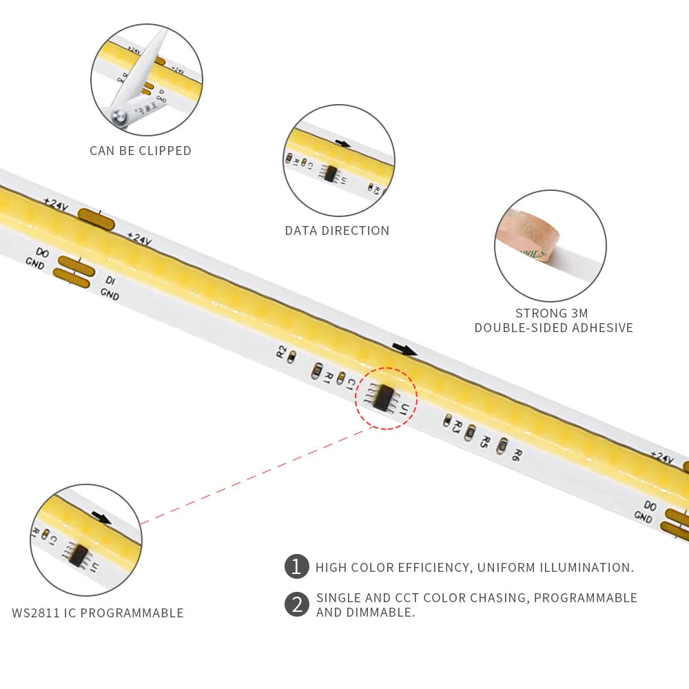 COB SPI WS2811 IC CCT LED Strip Light Addressable 576LEDs 2700K to 6500K 10mm DC24V Flexible FOB High Density COB Tape RA90