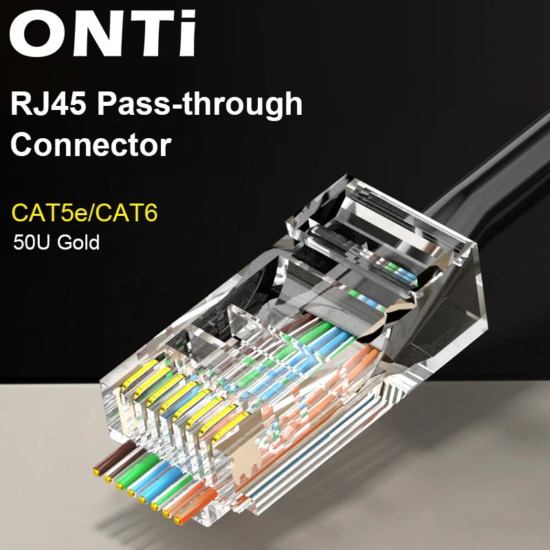 ONTi 10/50pcs CAT6 CAT5E Pass Through RJ45 Modular Plug Network Connectors UTP 50μ Gold-Plated 8P8C Crimp End for EthernetCable