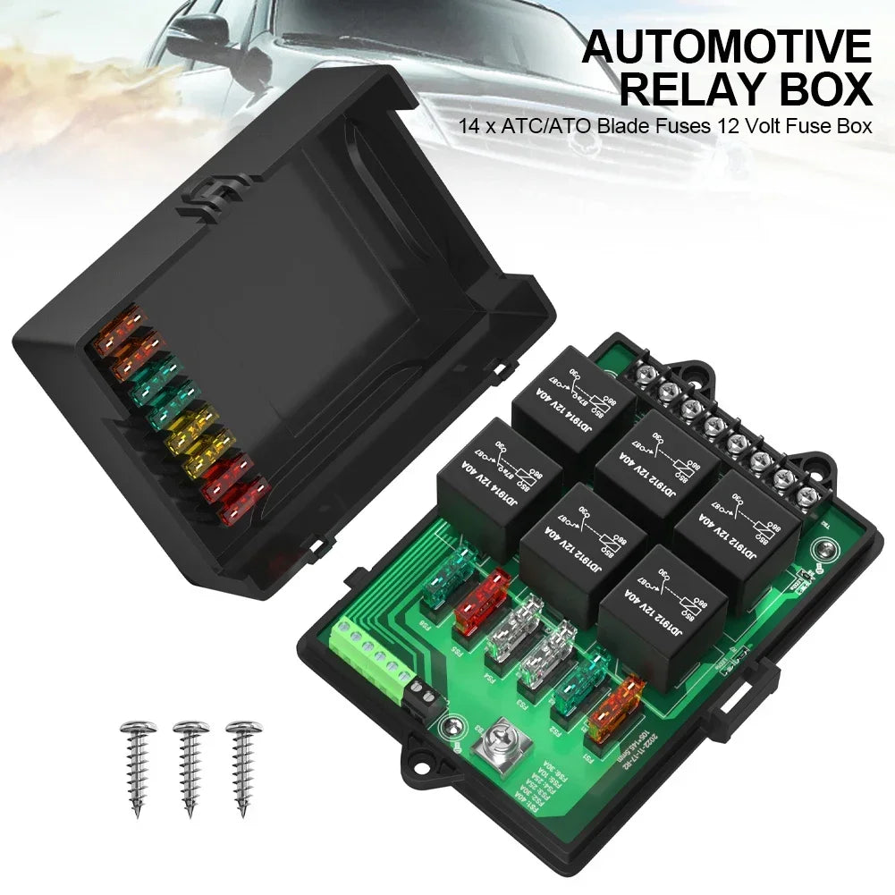 with 6 Way Relays and 14 x ATC/ATO Blade Fuses 12 Volt Fuse Box Relay Box Fuse Relay Box 12V Automotive Universal Fuse Panel