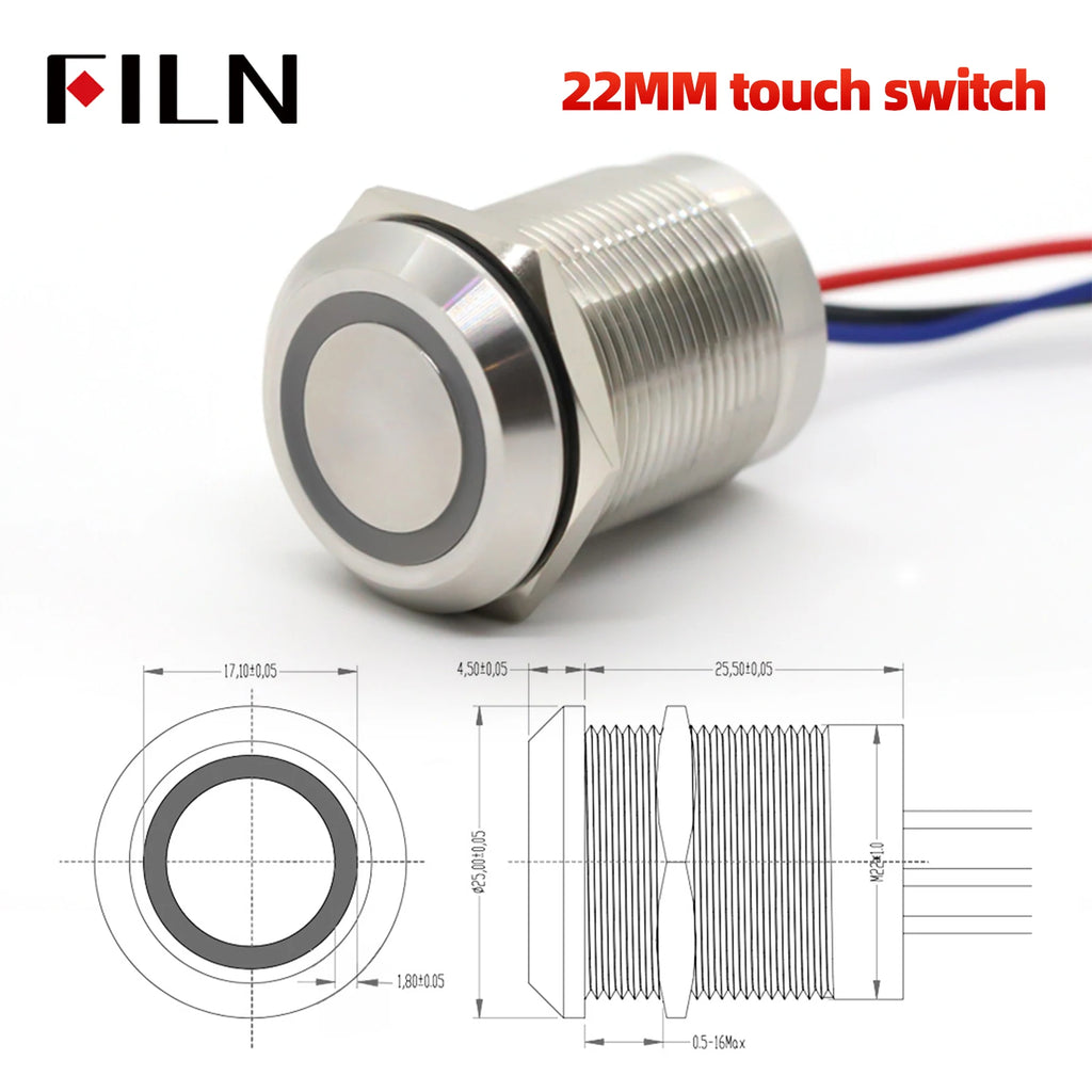 FILN 16/19/22mm Stainless Steel Touch Push Button Switch Dual Color LED Red Green Waterproof IP68/IP69K DC 12V/24V Momentary